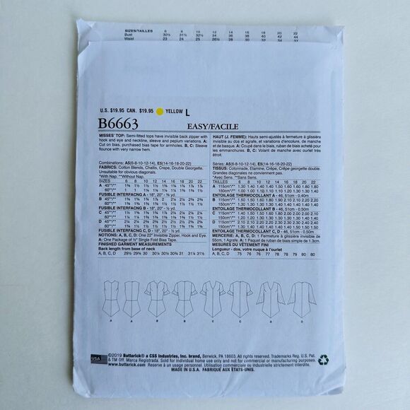 Butterick Pattern 6663 Tunic Blouse Shirt Point Hem 6-14 Semi-Fitted Top Uncut - Picture 2 of 2